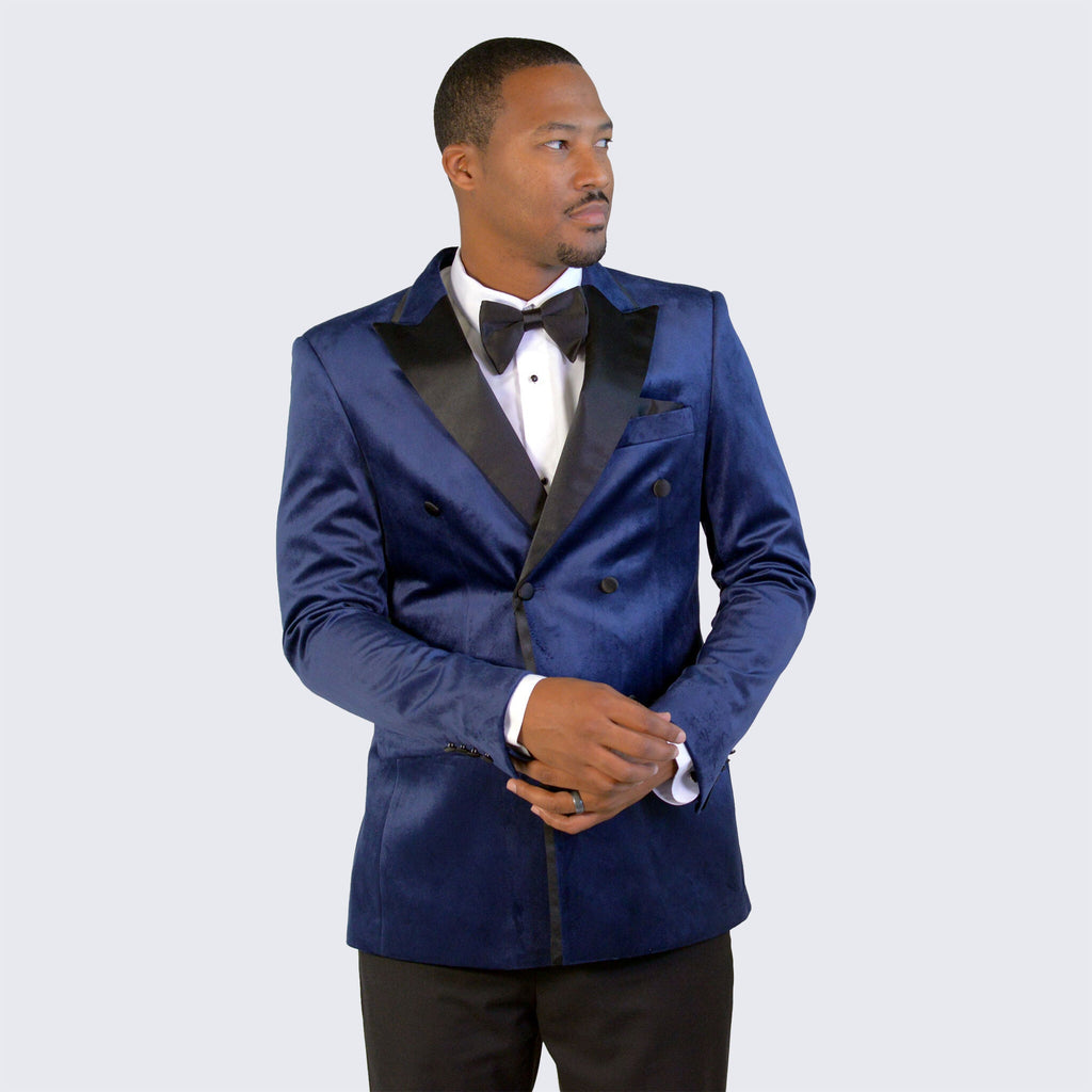 Navy Velvet Tuxedo Jacket Double Breasted- Wedding - Prom