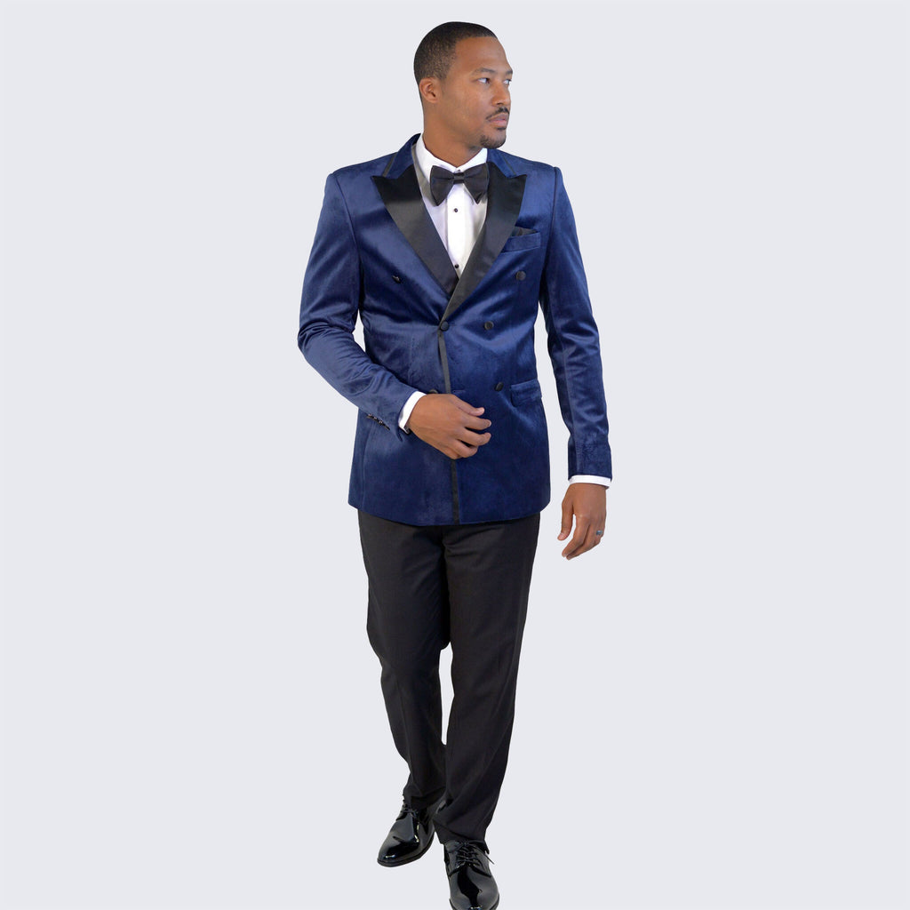 Navy Velvet Tuxedo Jacket Double Breasted- Wedding - Prom