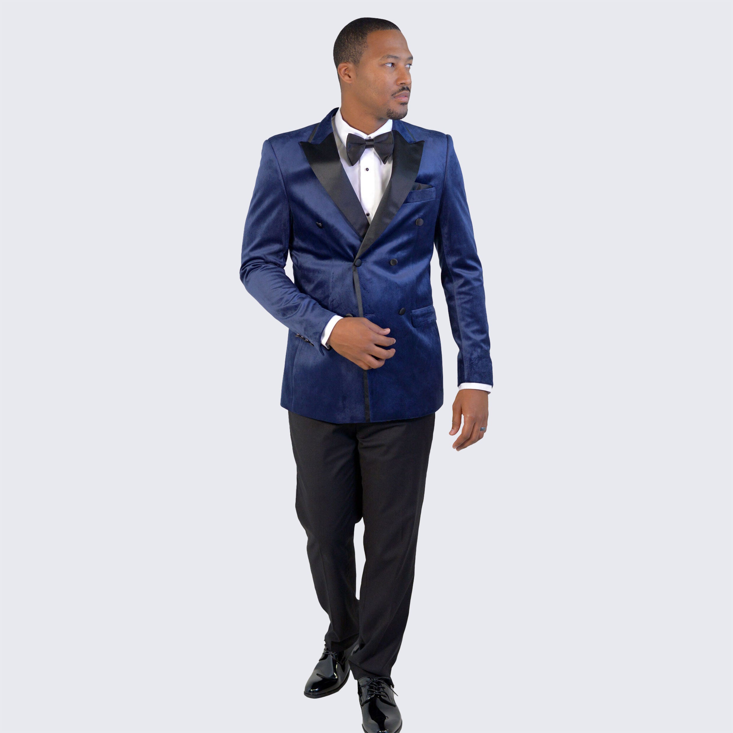 Navy Velvet Tuxedo Jacket Double Breasted- Wedding - Prom