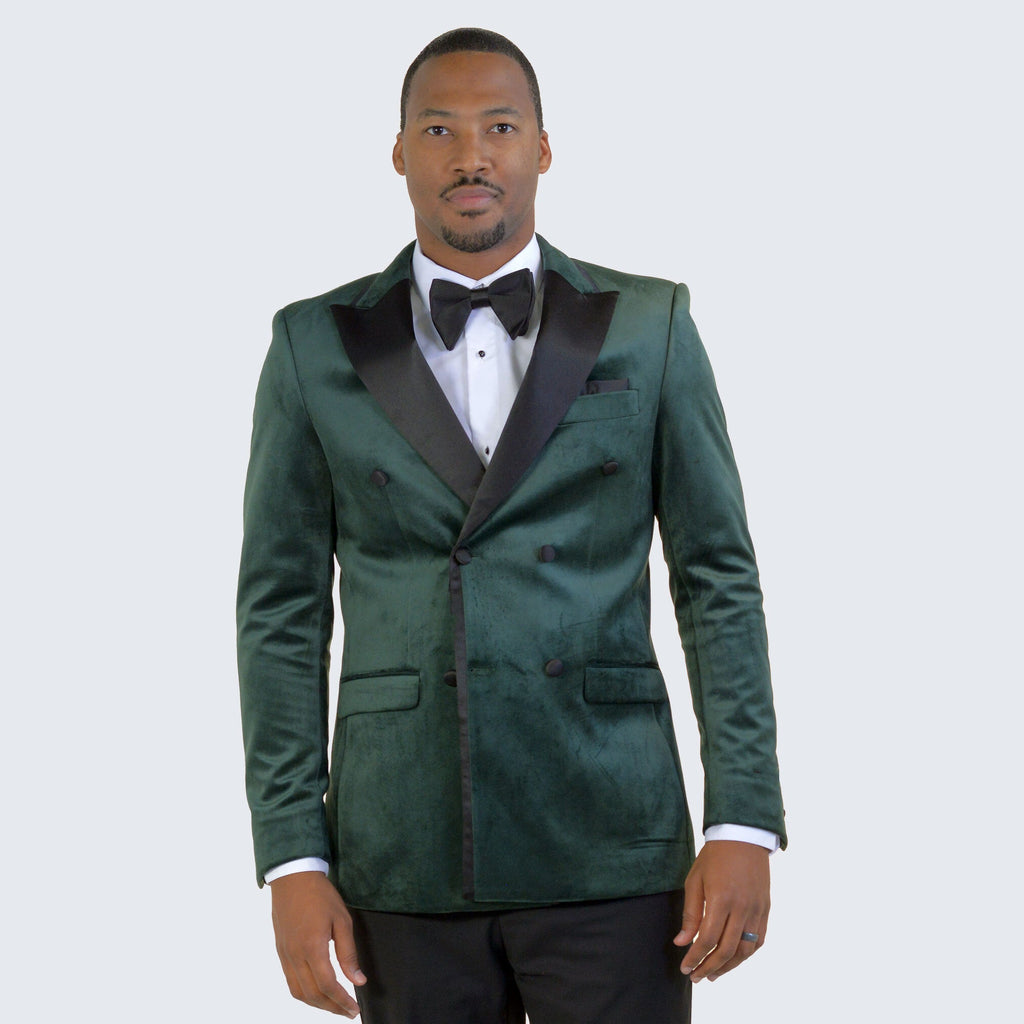 Green Velvet Tuxedo Jacket Double Breasted- Wedding - Prom