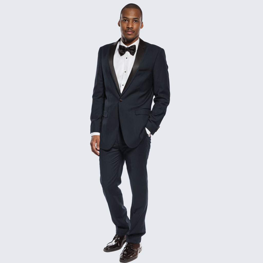 Navy Blue Tuxedo Slim Fit One Button Peak Framed Lapel - Wedding - Prom
