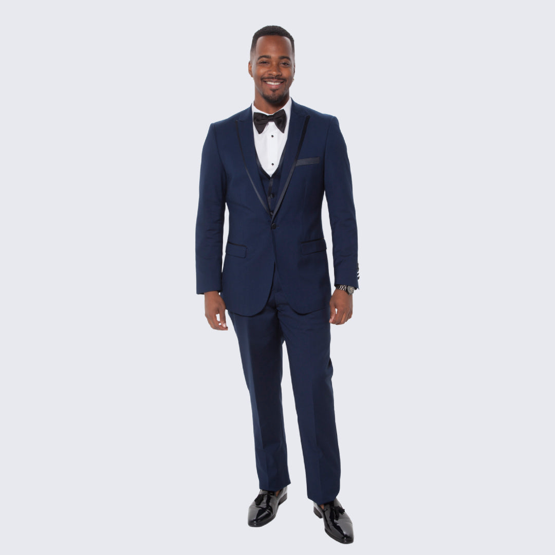 [DISCOUNTED] Navy Blue Textured Tuxedo Three Piece Set with Satin Trim -Limited Sizes