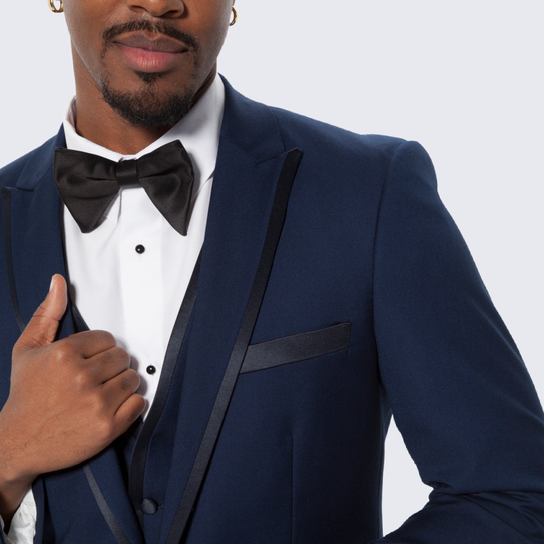 [DISCOUNTED] Navy Blue Textured Tuxedo Three Piece Set with Satin Trim -Limited Sizes