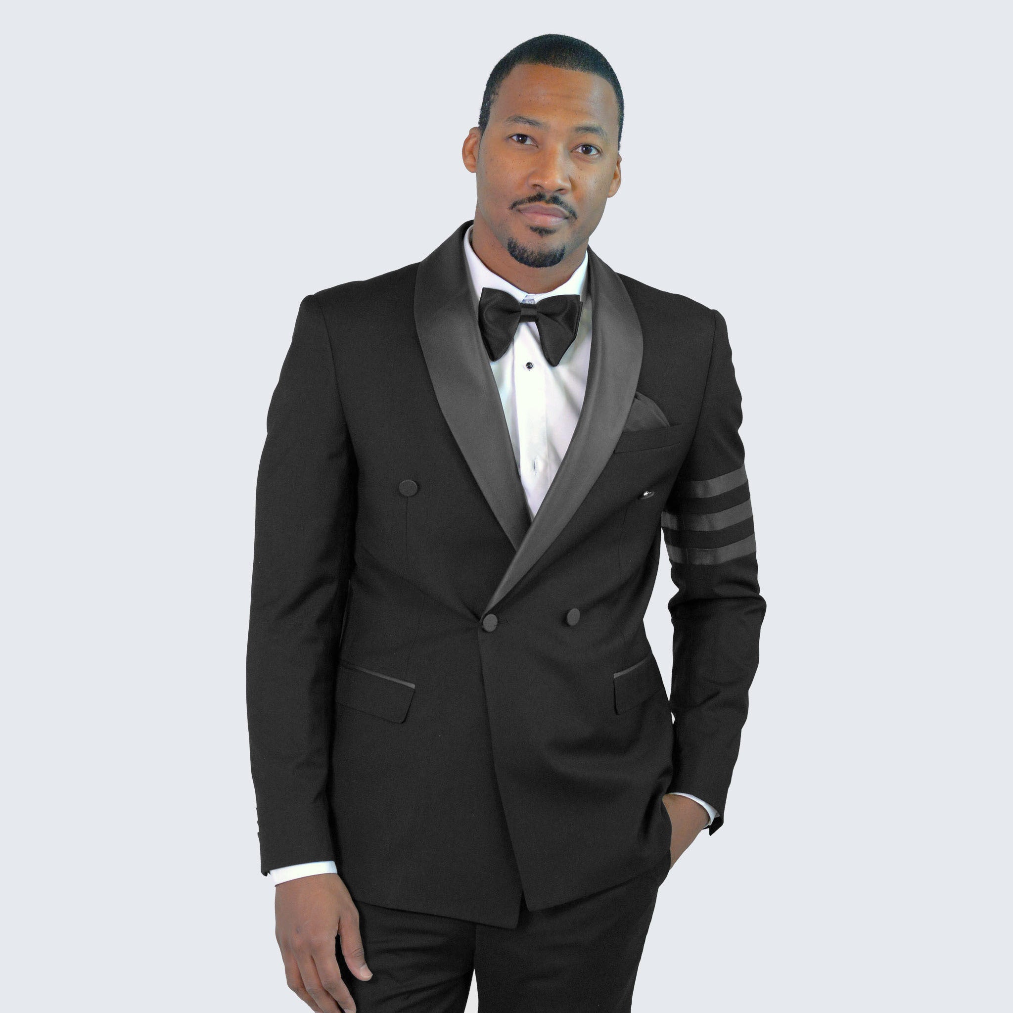 Black Double Breasted Tuxedo With Bar Jacket- Wedding - Prom