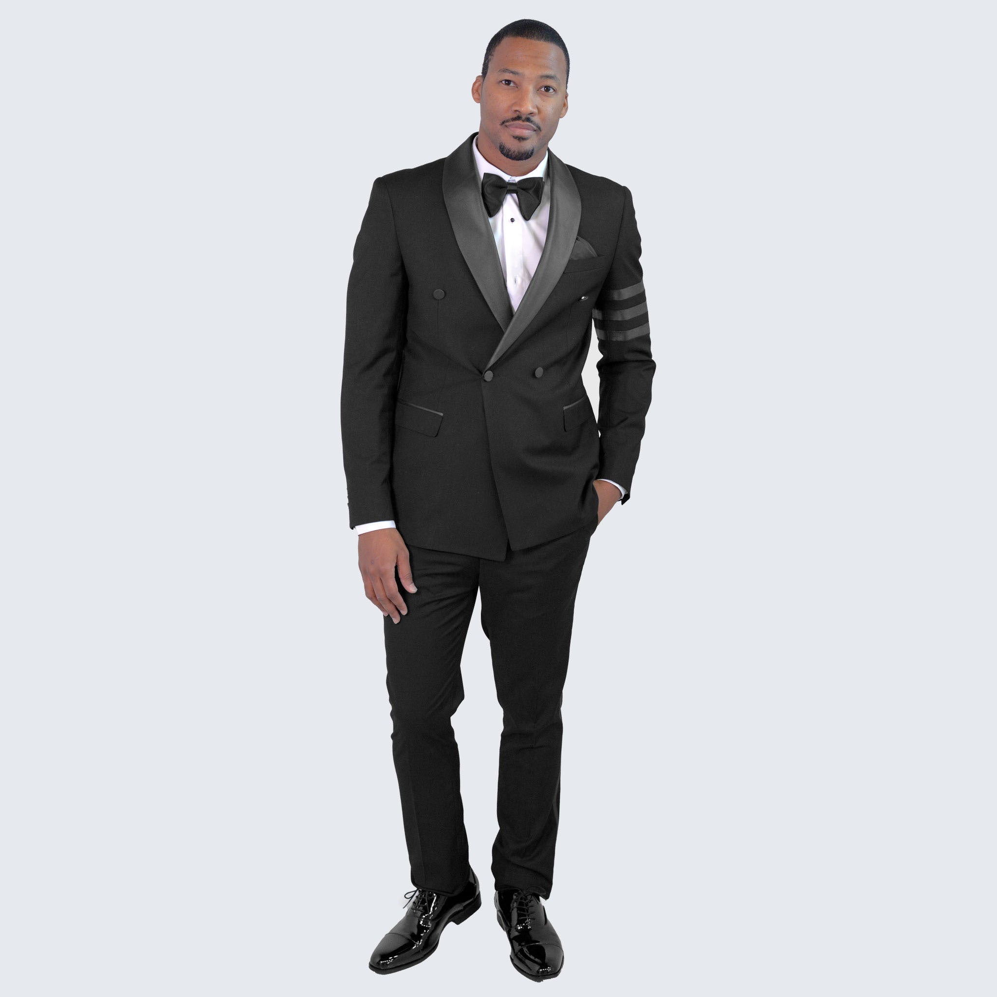 Black Double Breasted Tuxedo With Bar Jacket- Wedding - Prom