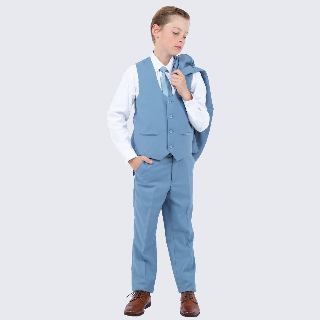 Boys Dusty Blue Slim Fit 5-Piece Suit – Wedding & Ring Bearer