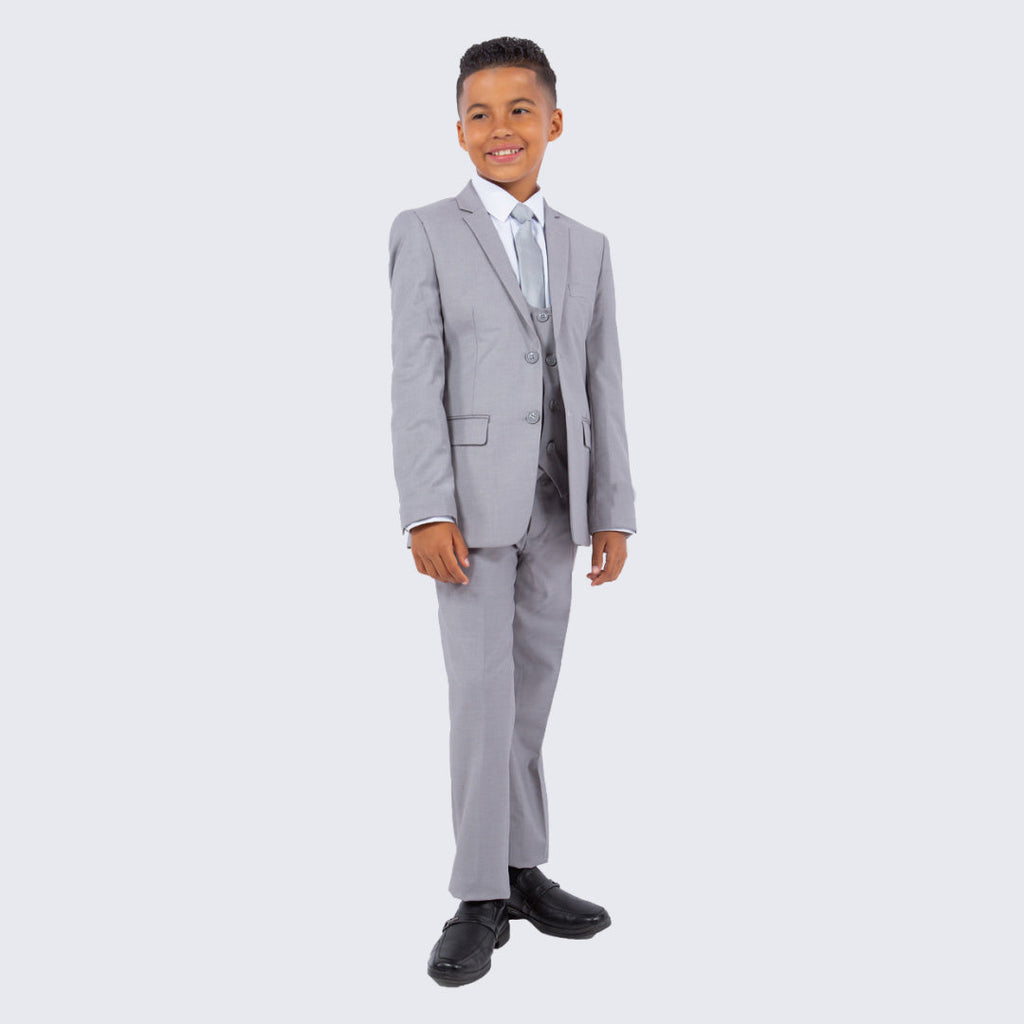 Boys Light Gray 5-Piece Suit Set – Slim Fit Wedding & Ring Bearer