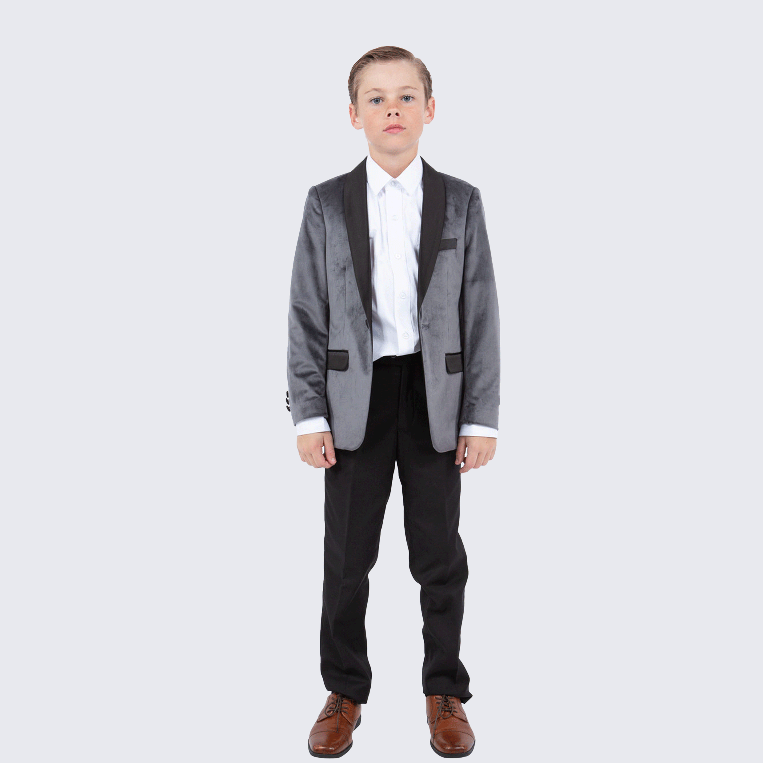 Boy's Grey Velvet Tuxedo Jacket for Kids Teen Children - Wedding