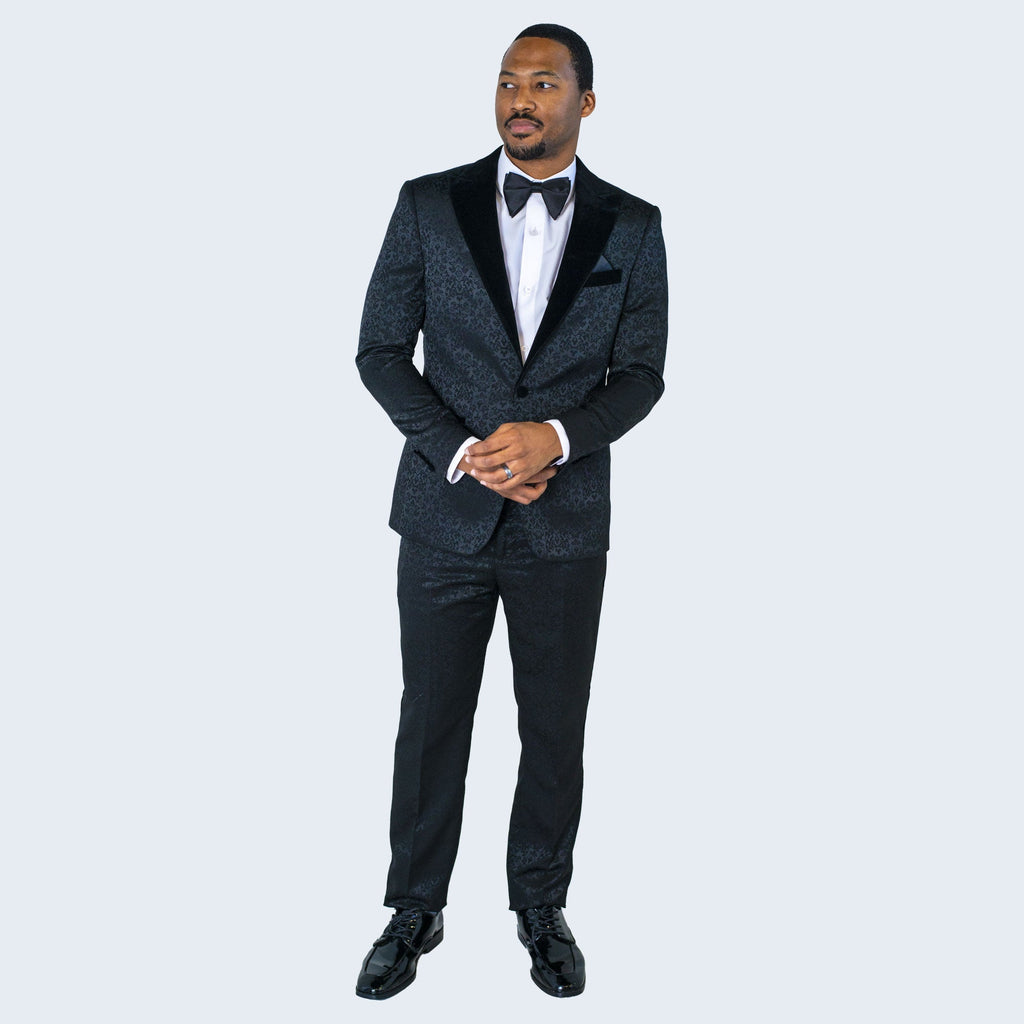 Black Paisley Tuxedo with Velvet Peak Lapel – 2-Piece Wedding & Prom