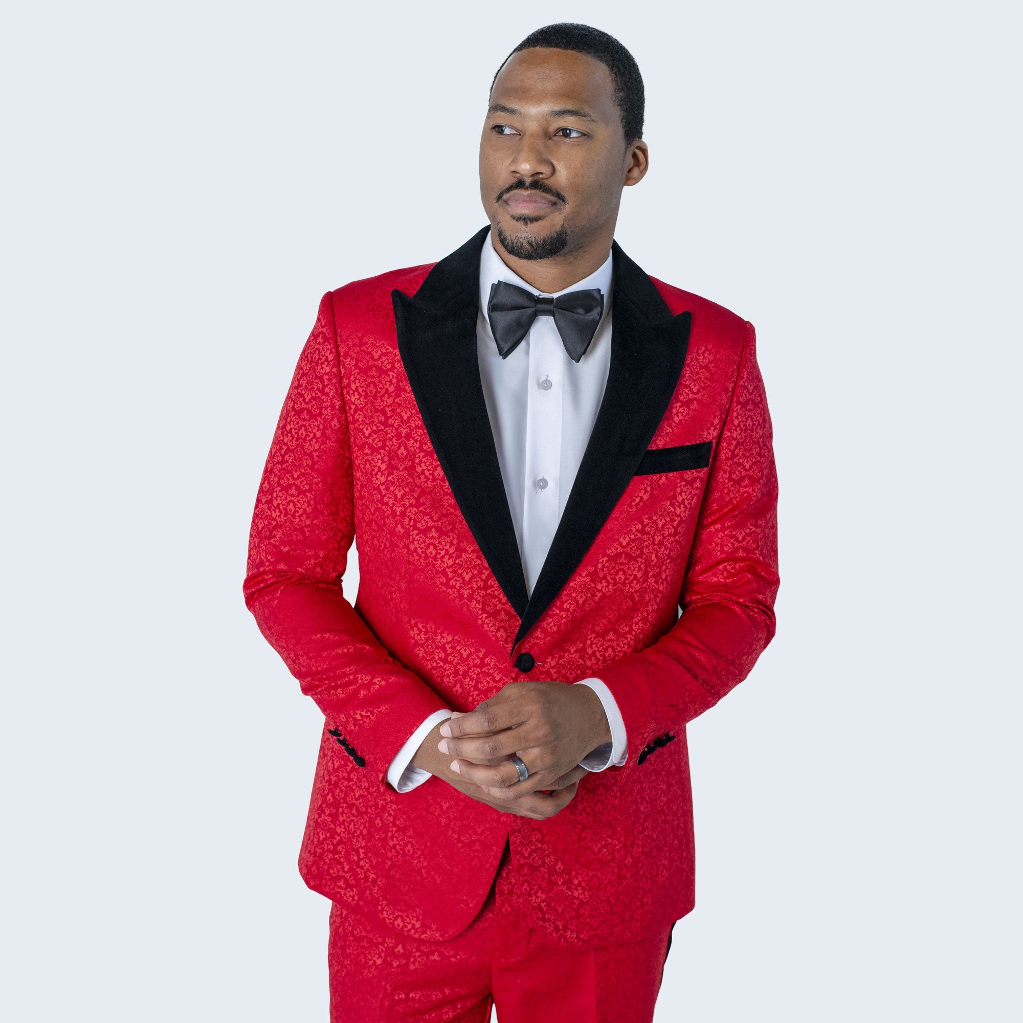 Red Paisley Tuxedo with Velvet Peak Lapel – 2-Piece Wedding & Prom
