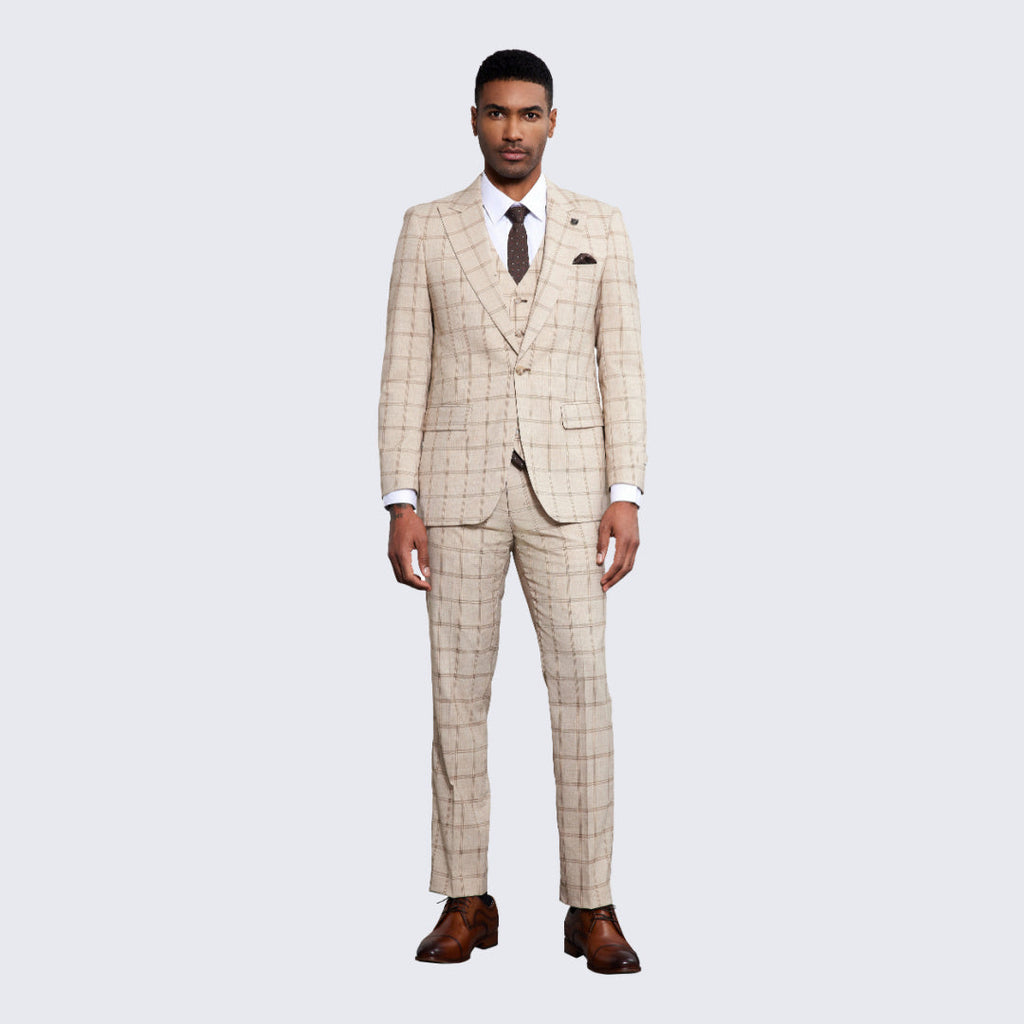Men's Beige Windowpane Suit Three Piece Set- Wedding - Prom