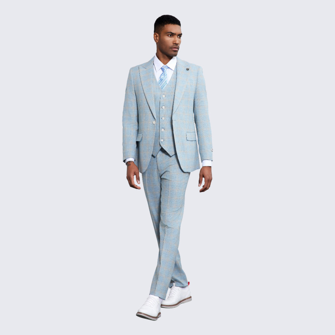Men's Baby Blue Windowpane Suit Three Piece Set- Wedding - Prom