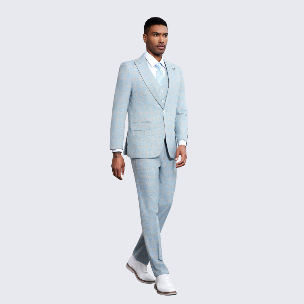 Men's Baby Blue Windowpane Suit Three Piece Set- Wedding - Prom