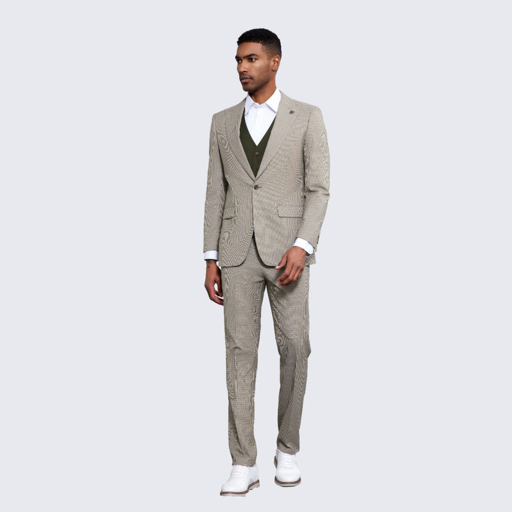Men's Beige and Green Glen Plaid Suit Three Piece Set- Wedding - Prom