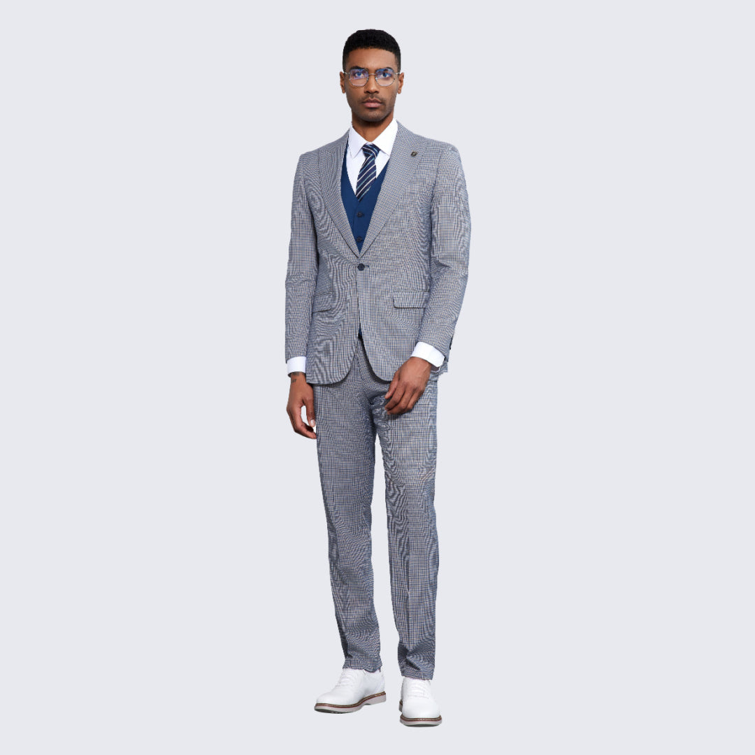 [DISCOUNTED]  Men's Blue and Grey Glen Plaid Suit Three Piece Set - Limited Sizes