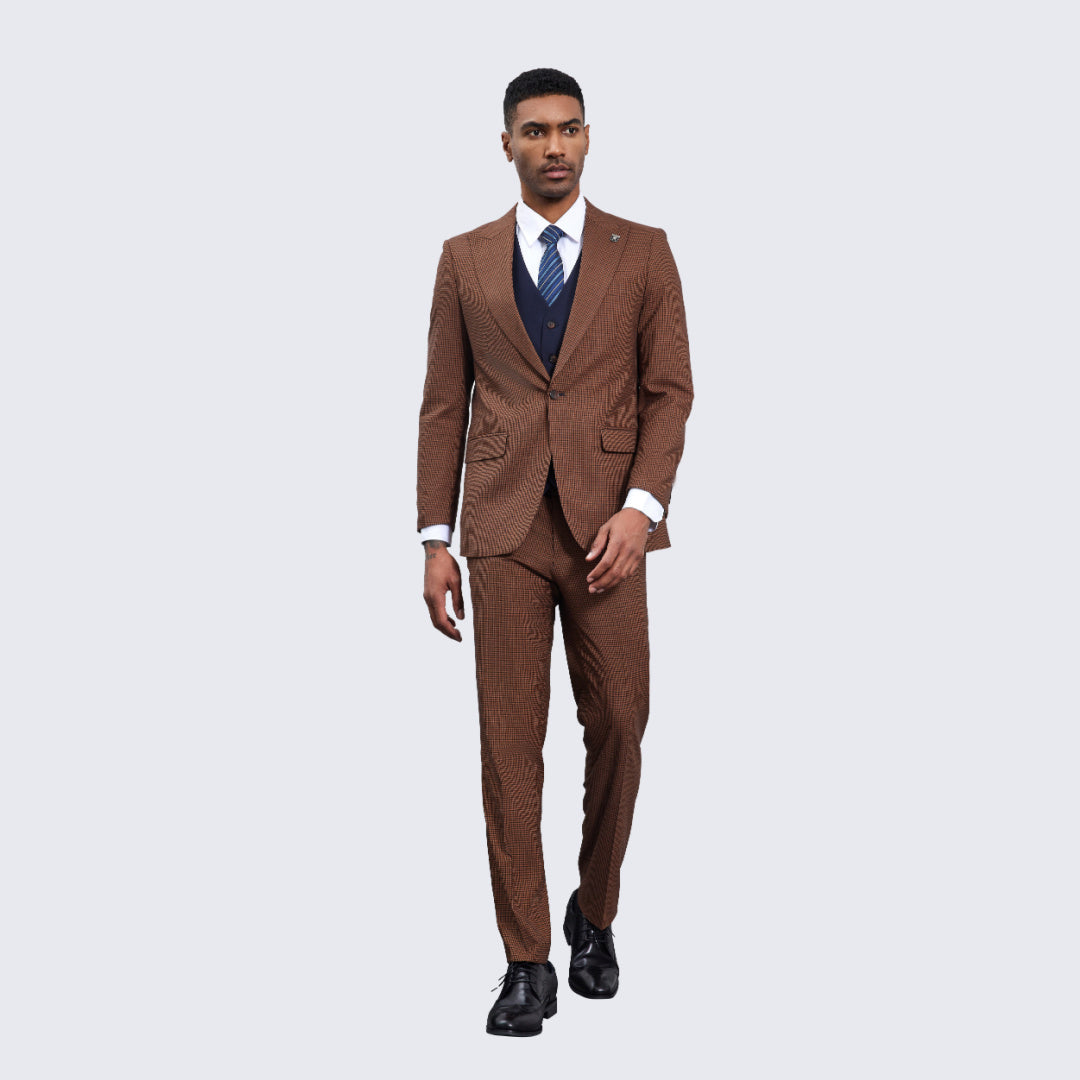 [DISCOUNTED] Men's Brown and Navy Glen Plaid Suit Three Piece Set - Limited Sizes