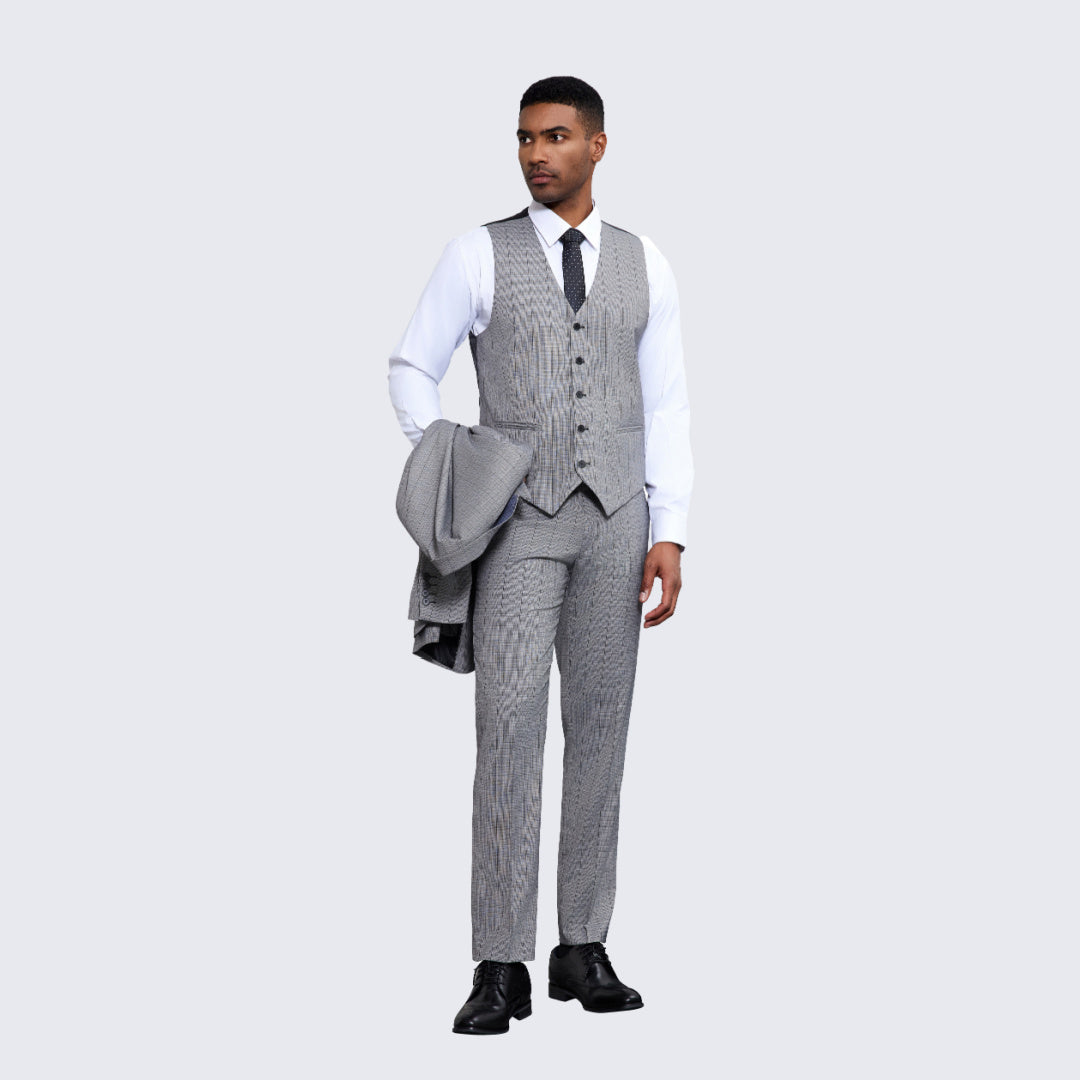 Men's Grey Windowpane Suit Three Piece Set- Wedding - Prom