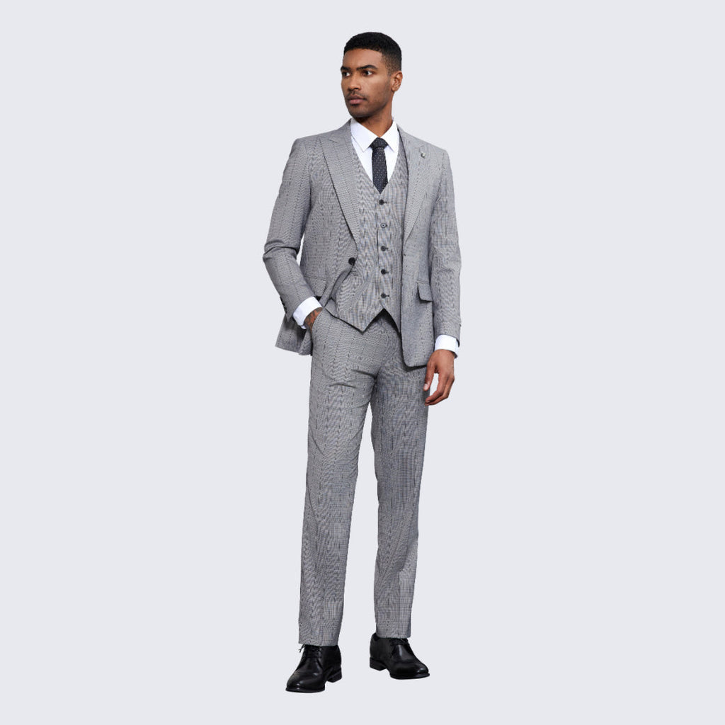 Men's Grey Windowpane Suit Three Piece Set- Wedding - Prom