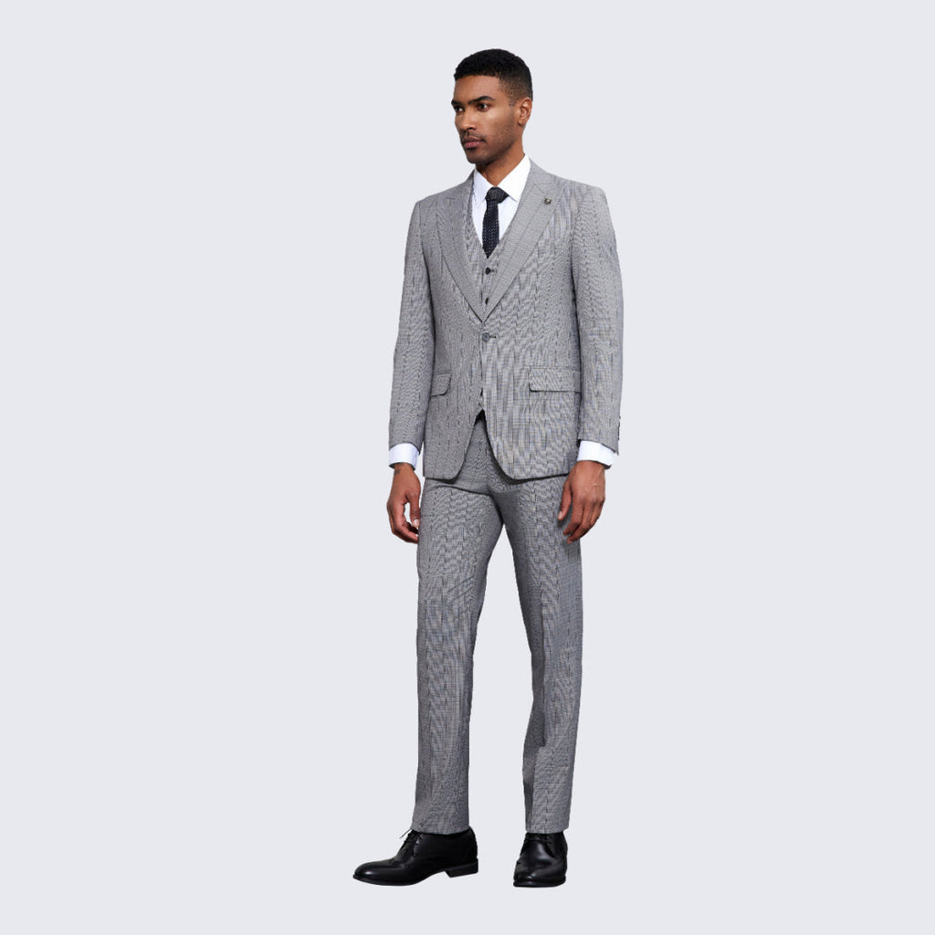 Men's Grey Windowpane Suit Three Piece Set- Wedding - Prom