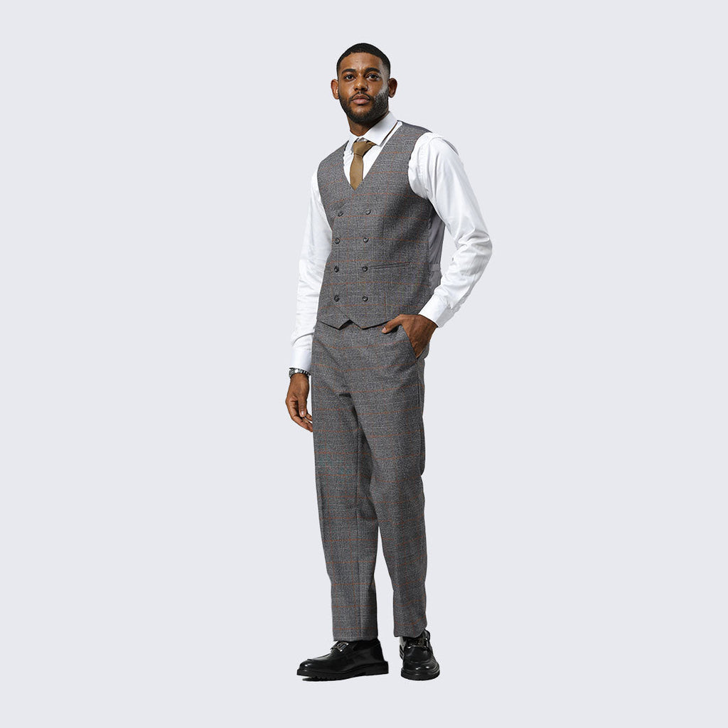 Grey Windowpane Three-Piece Suit with Peak Lapel – Wedding & Prom