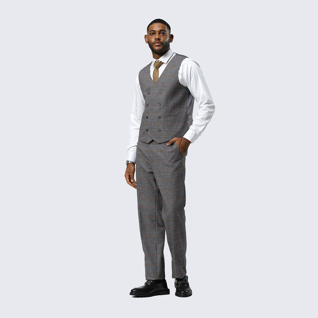 Grey Windowpane Three-Piece Suit with Peak Lapel – Wedding & Prom