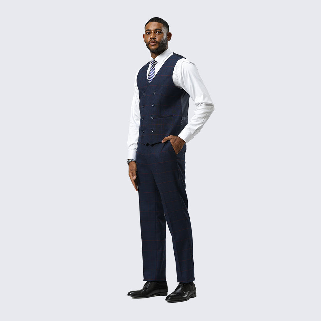 Navy Windowpane Three-Piece Suit with Peak Lapel – Wedding & Prom