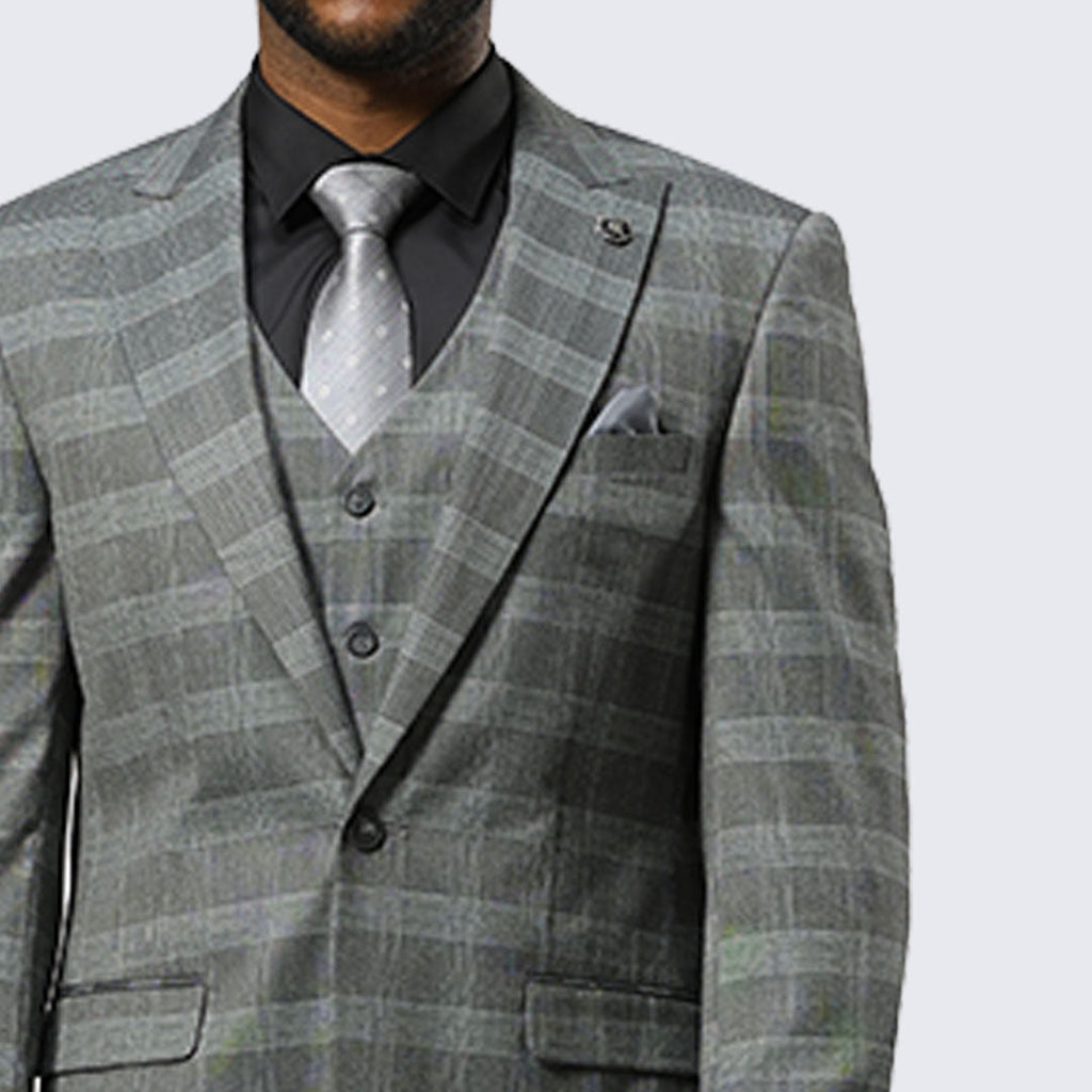 Grey Glen Check Three-Piece Suit with Peak Lapel – Wedding & Prom