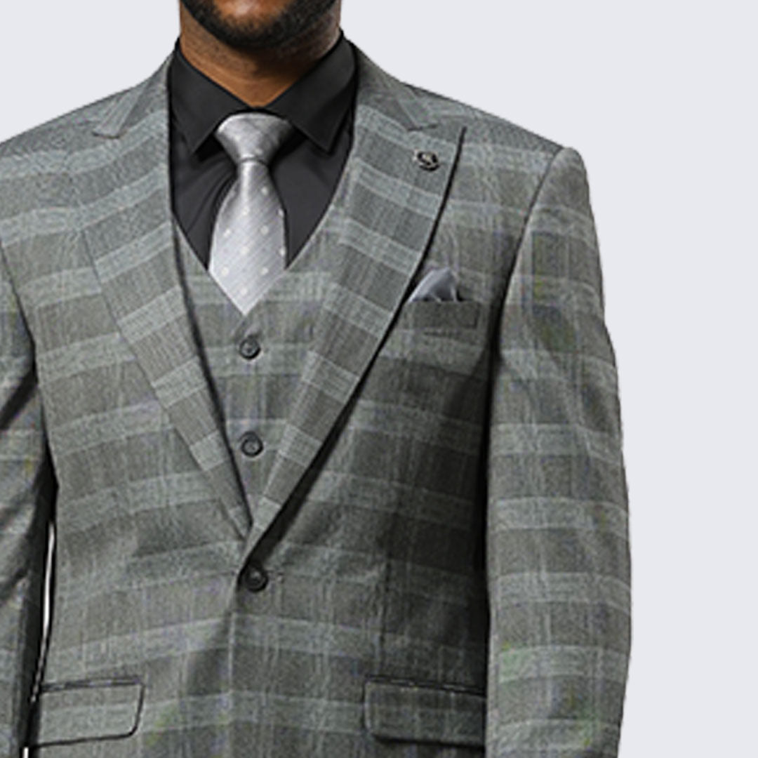 Grey Glen Check Three-Piece Suit with Peak Lapel – Wedding & Prom