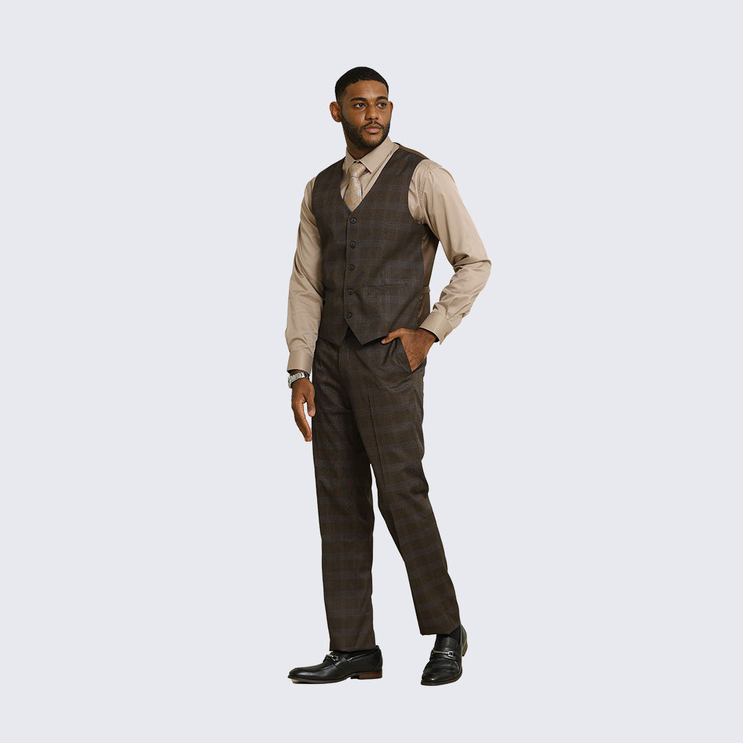 Brown Glen Check Three-Piece Suit with Peak Lapel – Wedding & Prom