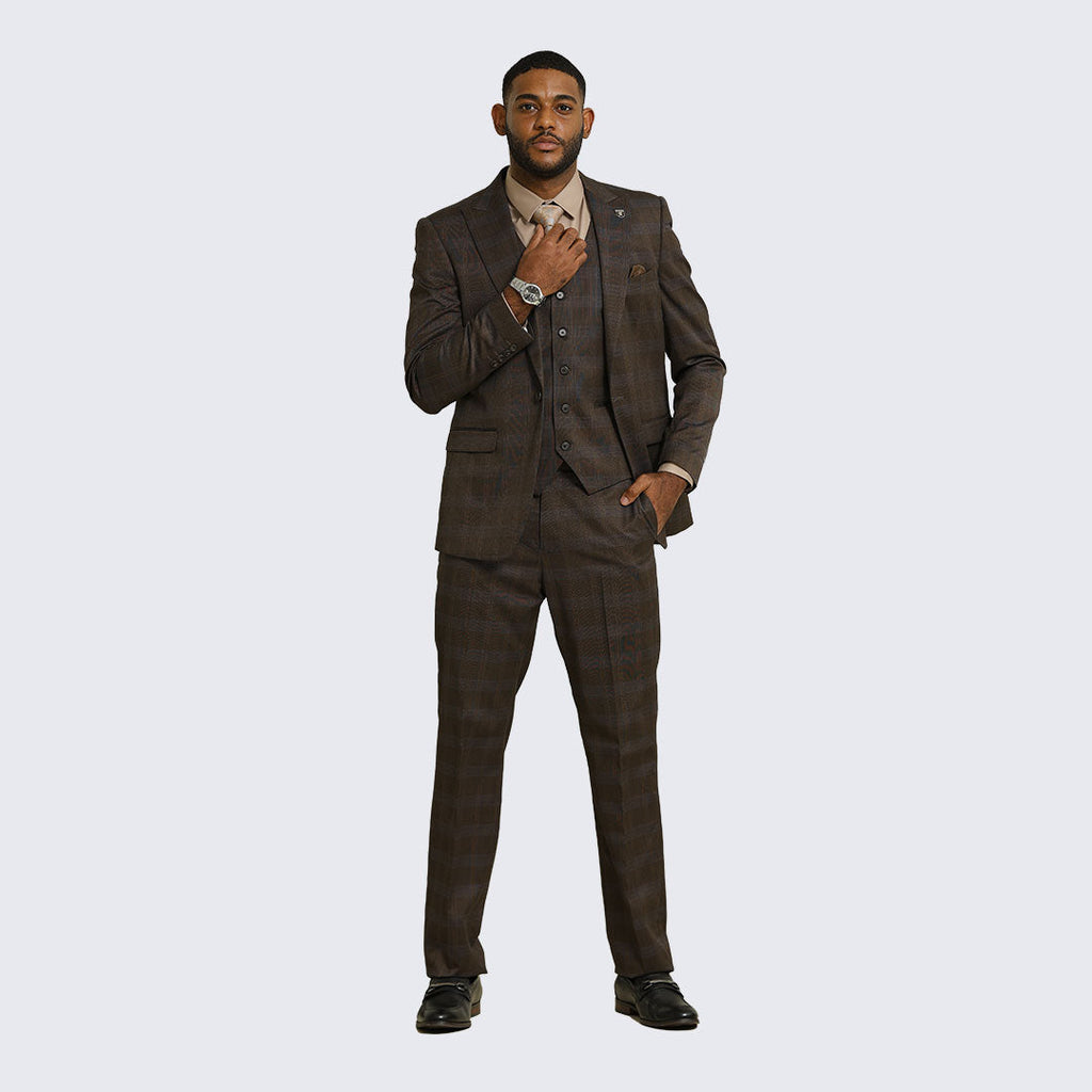 Brown Glen Check Three-Piece Suit with Peak Lapel – Wedding & Prom
