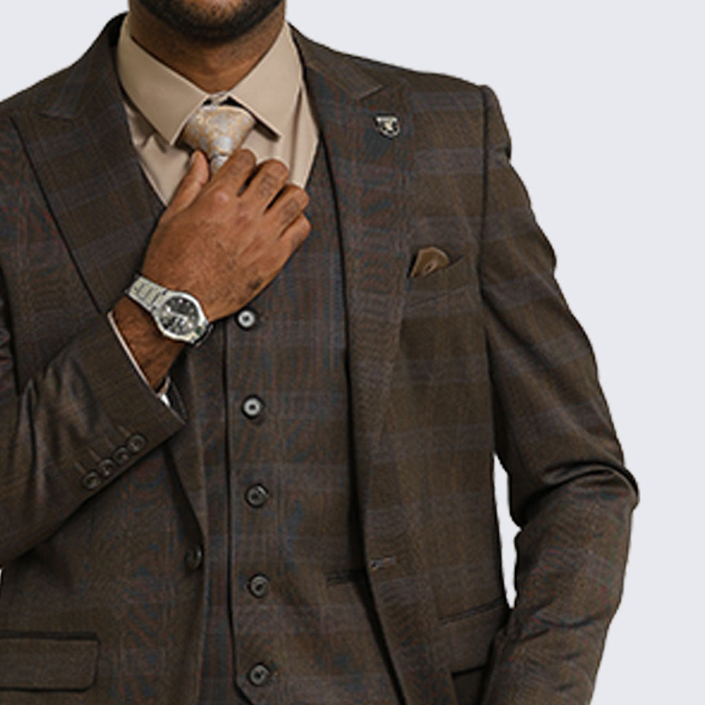 Brown Glen Check Three-Piece Suit with Peak Lapel – Wedding & Prom
