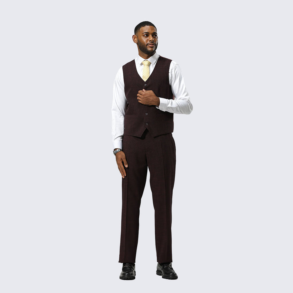 Burgundy Canvas-Print Three-Piece Suit with Peak Lapel – Wedding & Prom