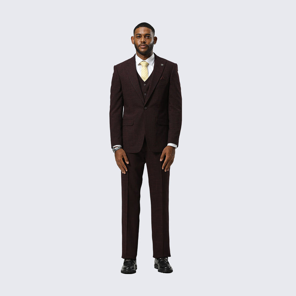Burgundy Canvas-Print Three-Piece Suit with Peak Lapel – Wedding & Prom