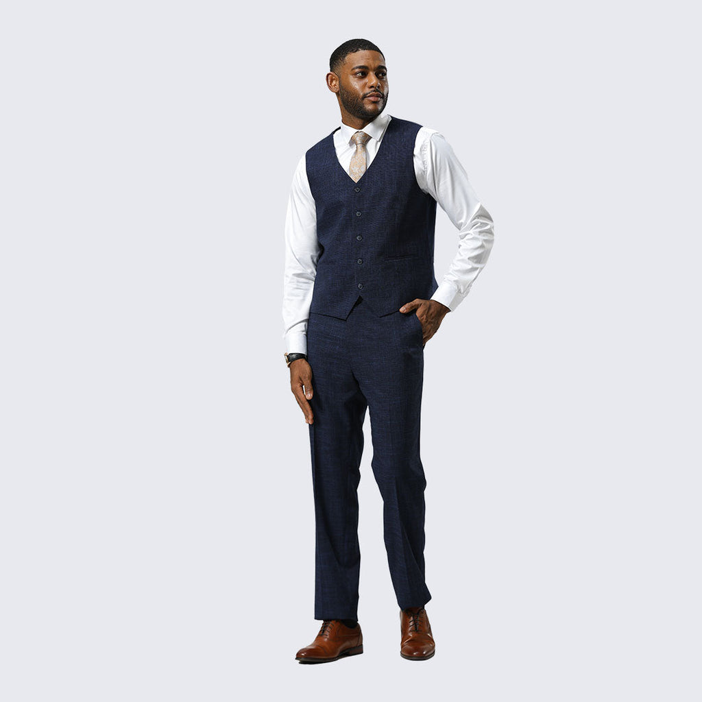 Navy Blue Canvas-Print Three-Piece Suit with Peak Lapel – Wedding & Prom