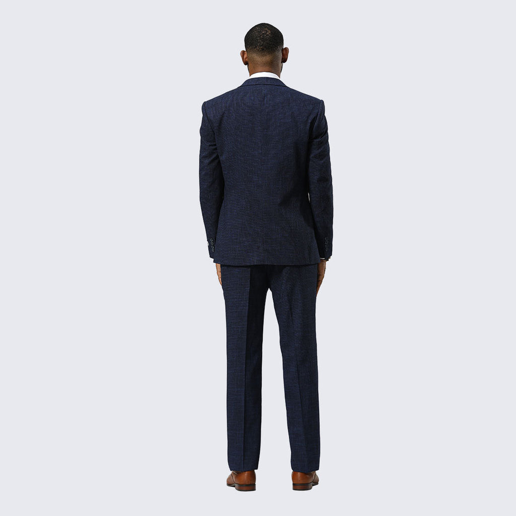 Navy Blue Canvas-Print Three-Piece Suit with Peak Lapel – Wedding & Prom