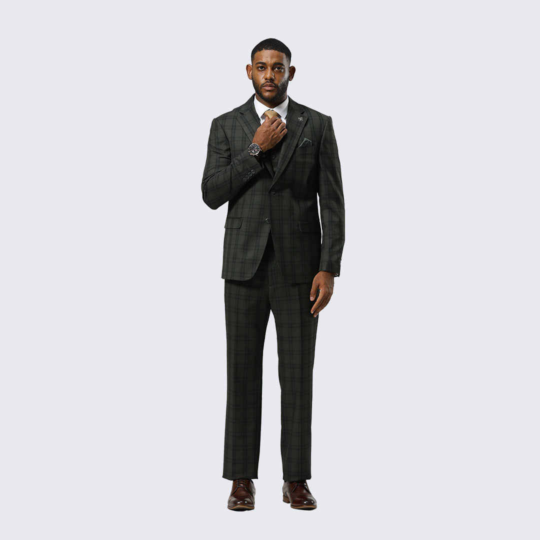 Green Watch Plaid Three-Piece Suit with Notch Lapel – Wedding & Prom