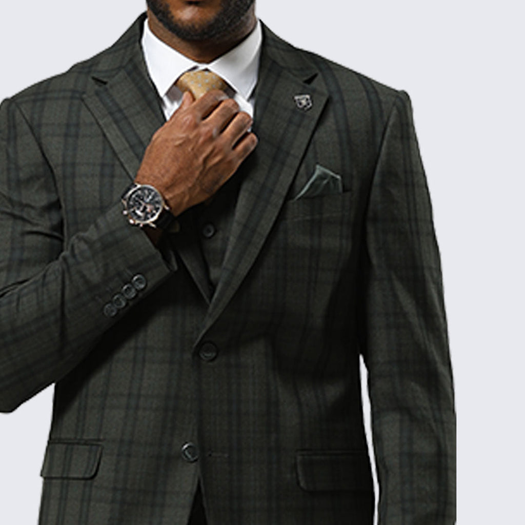 Green Watch Plaid Three-Piece Suit with Notch Lapel – Wedding & Prom