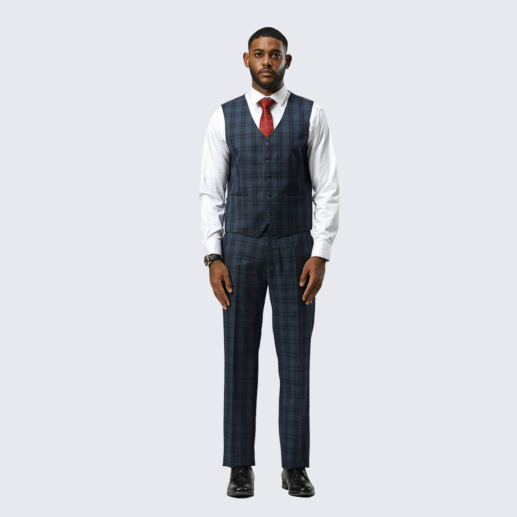 Navy Blue Watch Plaid Three-Piece Suit with Notch Lapel – Wedding & Prom