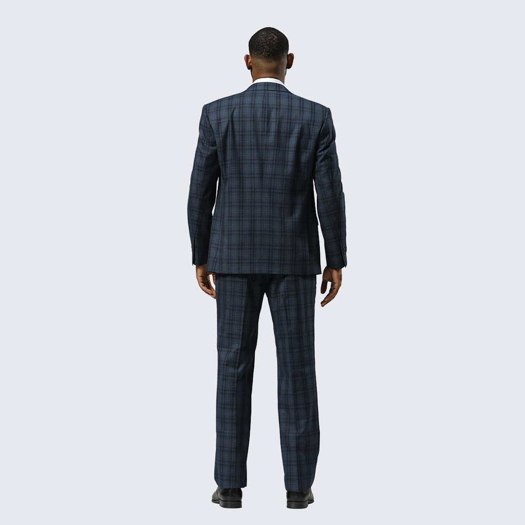 Navy Blue Watch Plaid Three-Piece Suit with Notch Lapel – Wedding & Prom