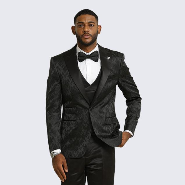 Black Satin Damask 4-Piece Tuxedo Set with Peak Lapel – Wedding & Prom