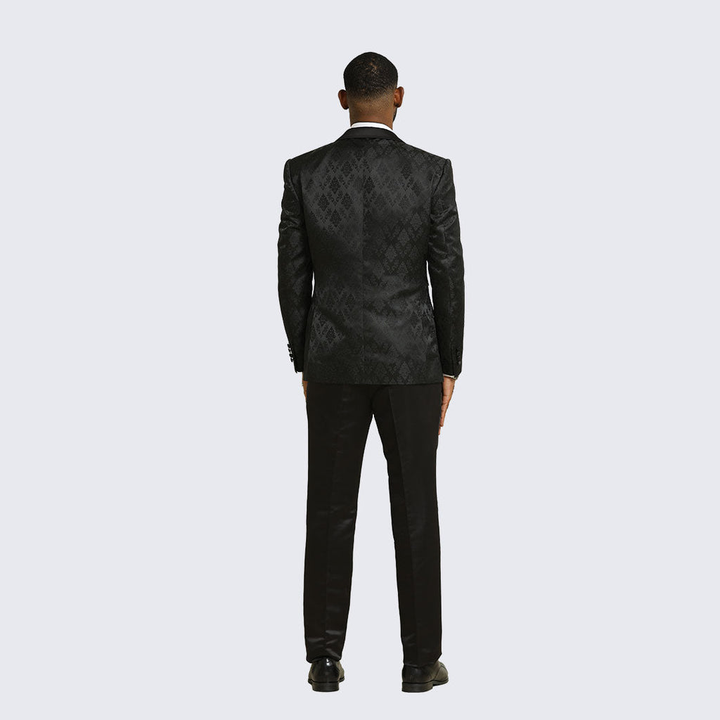 Black Satin Damask 4-Piece Tuxedo Set with Peak Lapel – Wedding & Prom