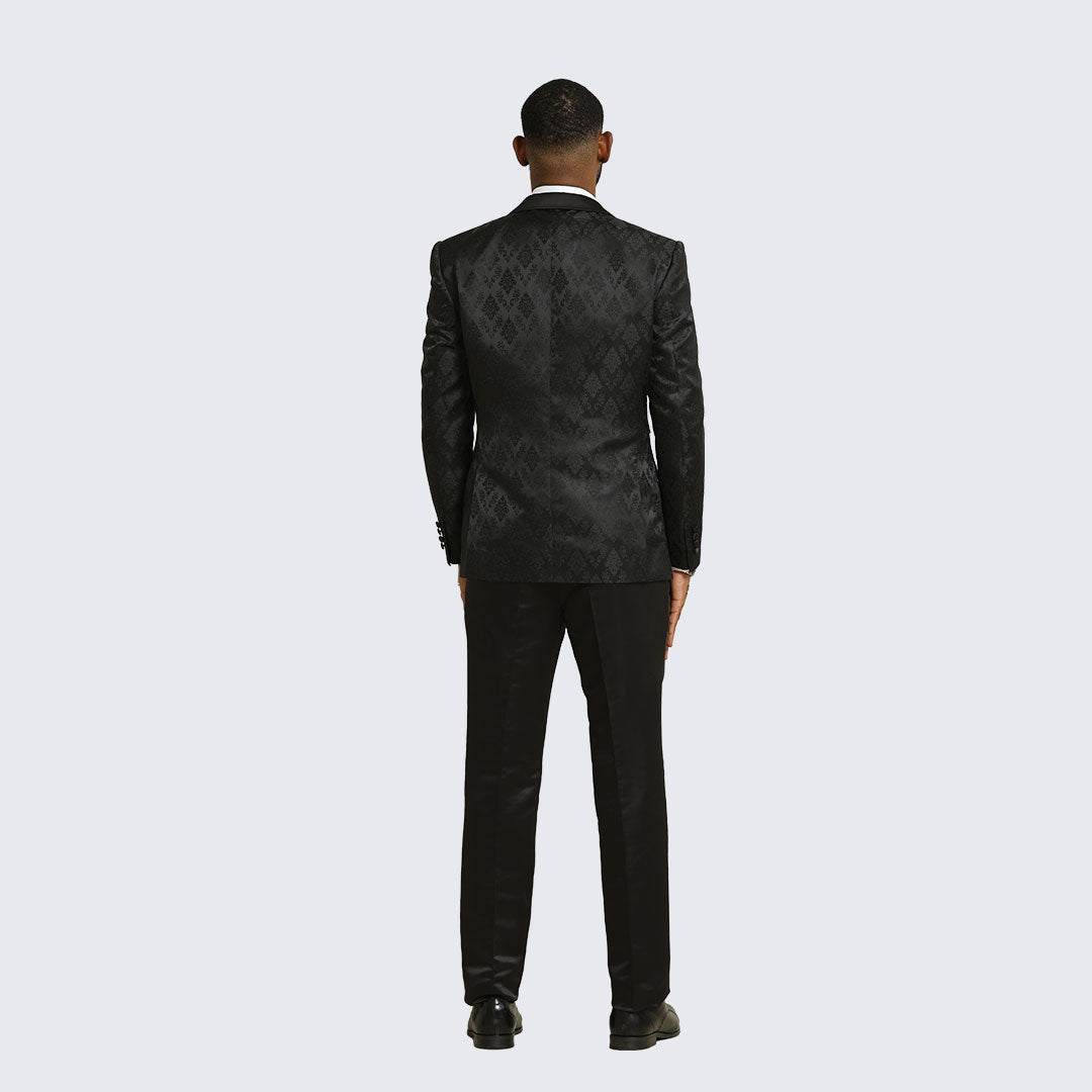 Black Satin Damask 4-Piece Tuxedo Set with Peak Lapel – Wedding & Prom
