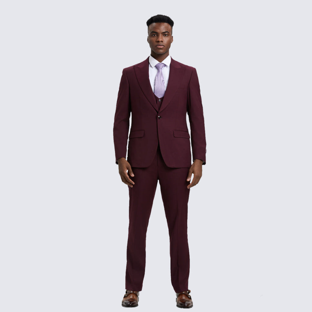 [DISCOUNTED] Burgundy Slim Fit Three Piece Suit with Large Peak Lapel by Stacy Adams - Limited Sizes