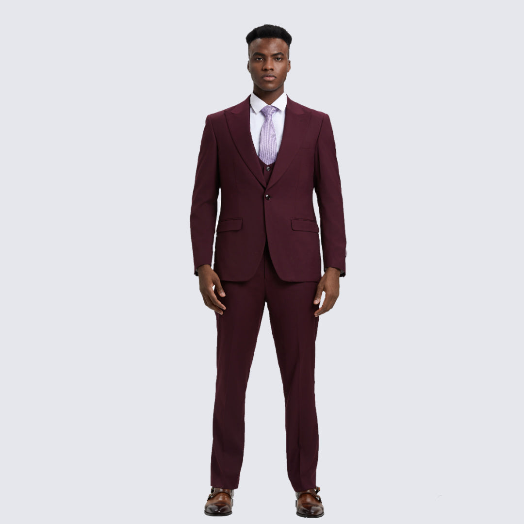 Burgundy Slim Fit 3-Piece Suit with Large Peak Lapel – Wedding & Prom