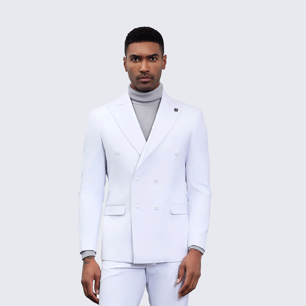 Men’s Double Breasted White Suit with Peak Lapel – Wedding & Prom
