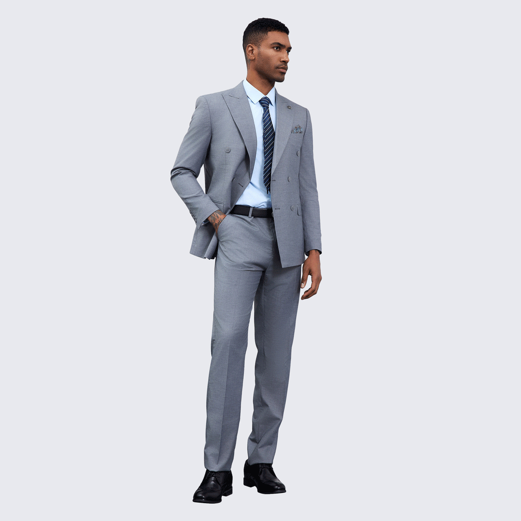 Men’s Double Breasted Grey Suit with Peak Lapel – Wedding & Prom