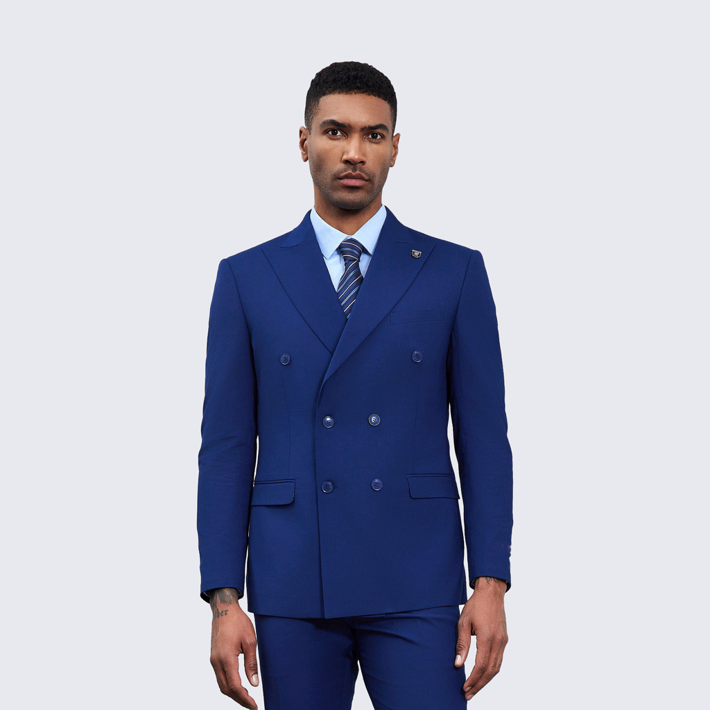 Men’s Double Breasted Blue Suit with Peak Lapel – Wedding & Prom