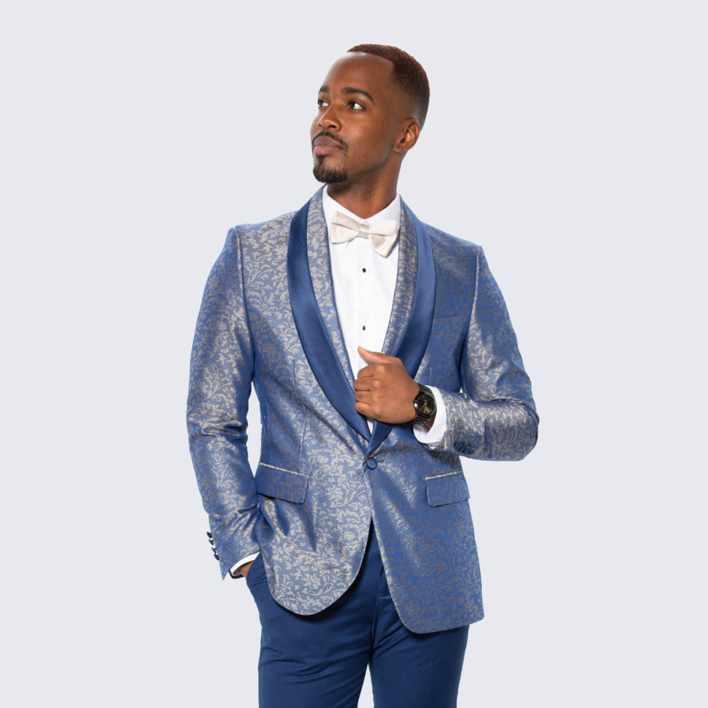 Blue Floral Brocade Tuxedo Jacket with Shawl Lapel – Wedding & Prom