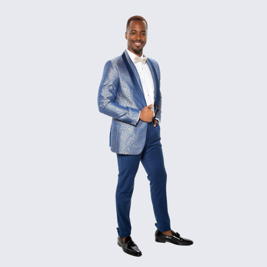 Blue Floral Brocade Tuxedo Jacket with Shawl Lapel – Wedding & Prom