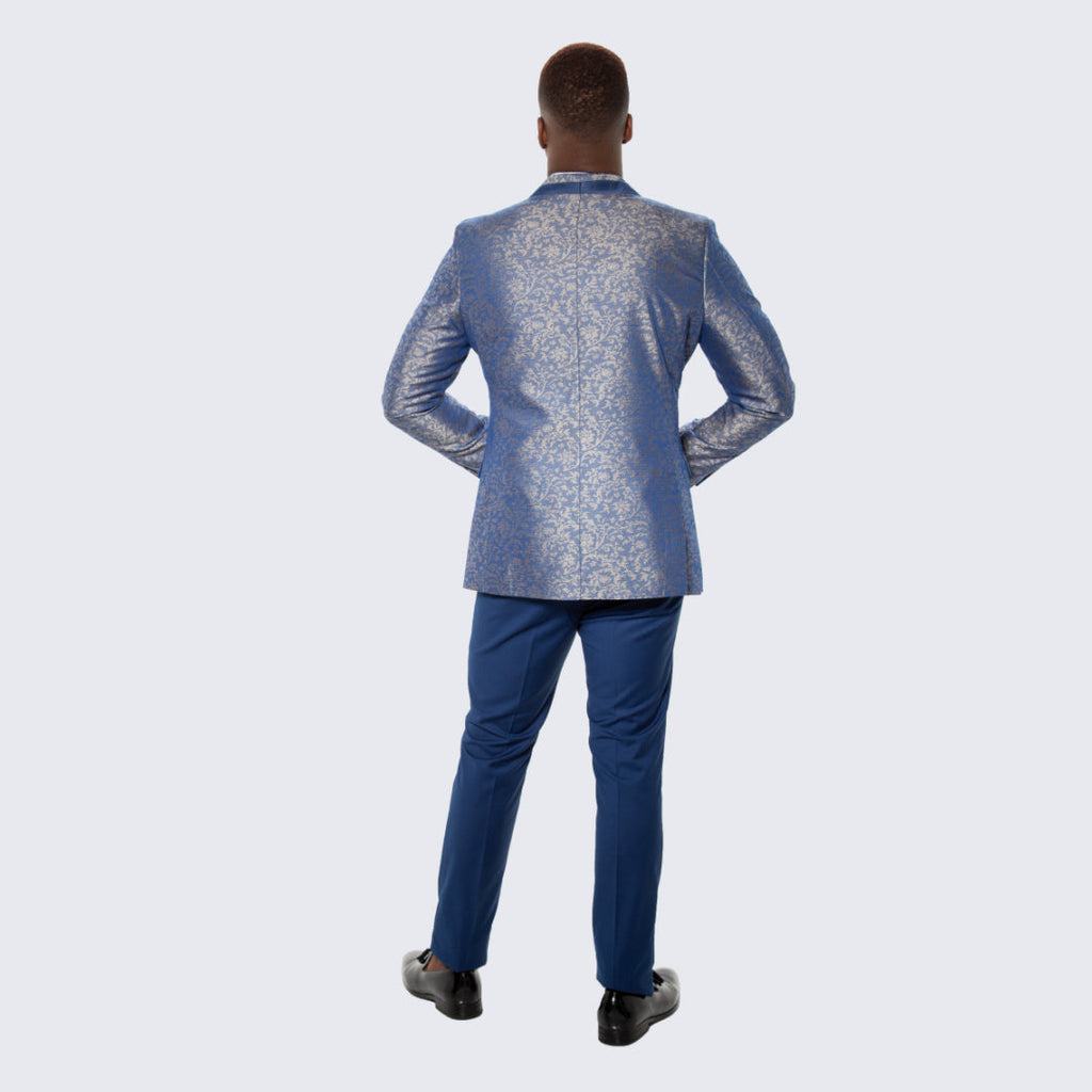 Blue Floral Brocade Tuxedo Jacket with Shawl Lapel – Wedding & Prom